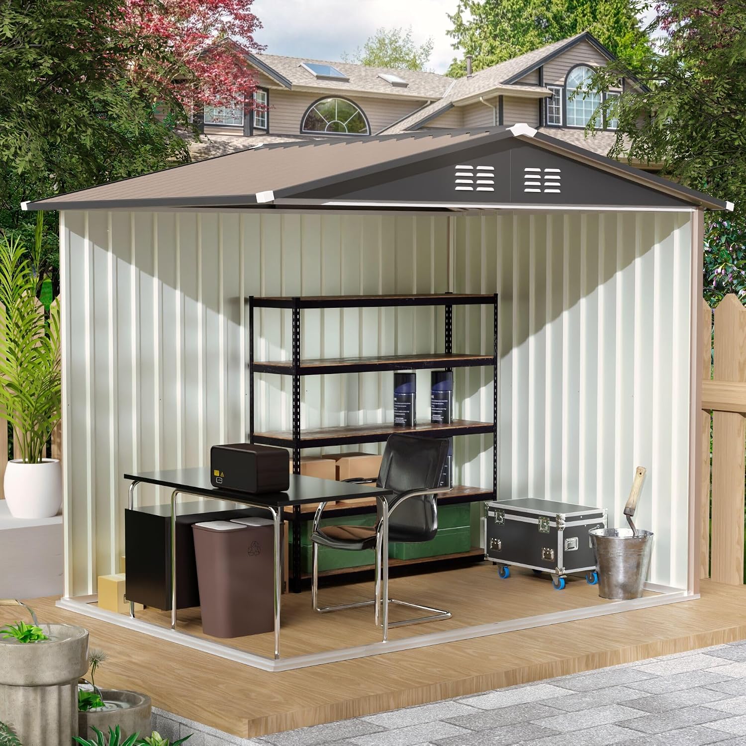 YOPTO 8x6 FT Outdoor Storage Shed,Waterproof Metal Cabinet with Apex Roof and Lockable,Storage Sheds House Shelter w/Vents,Tool House for Storing Bicycles,Lawnmowers,Brown