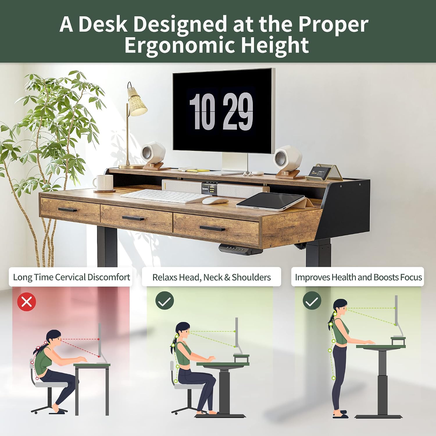FEZIBO 55x26 Inches Standing Desk with 3 Wooden Drawers and Monitor Shelf, Height Adjustable Computer Desk, Ergonomic Rising Home Office Desks, Sit Stand Up Electric Workstation Table, Rustic Brown