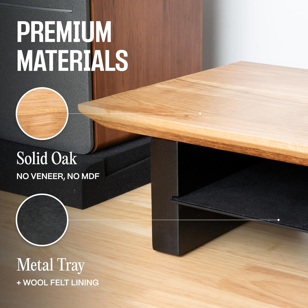 COREMINDED Solid Wood Dual Monitor Stand Riser – 42' Oak Desk Shelf for 2 Monitors with Tray & Wool Felt, Organizer for Desktop, Laptop and Office (Solid Oak)
