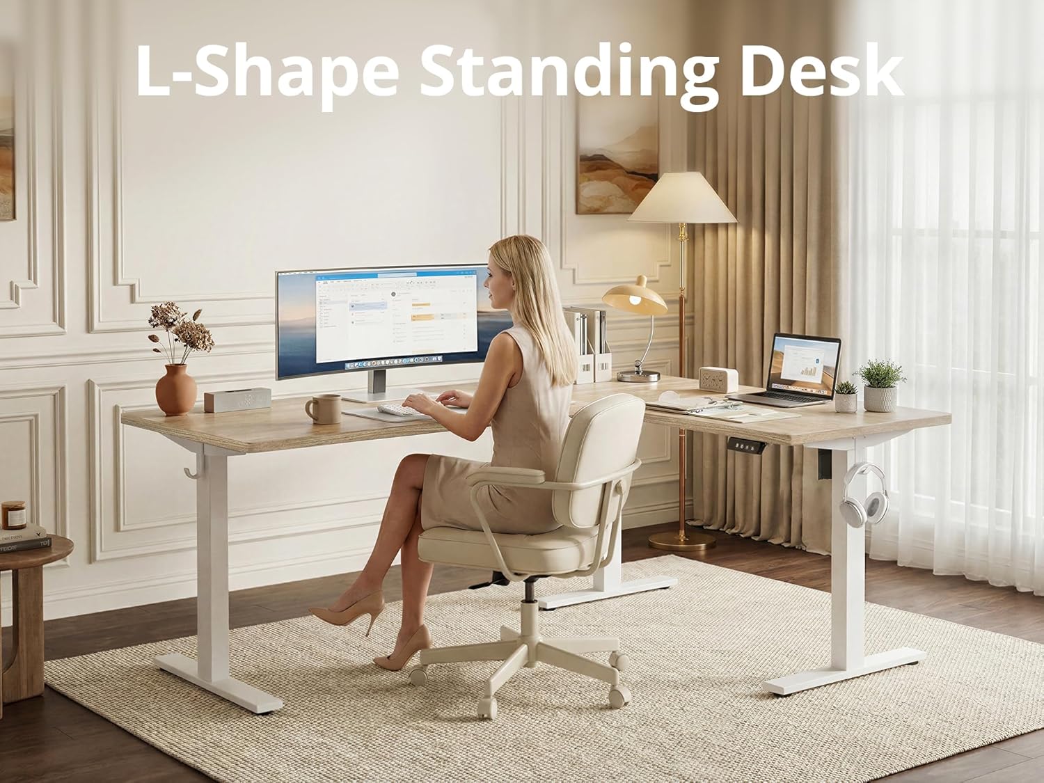 TIQLAB L Shaped Standing Desk Adjustable Height, Reversible Electric Corner Standing Desk, 63 x 55 inch Sit Stand Computer Table with Splice Board, Maple