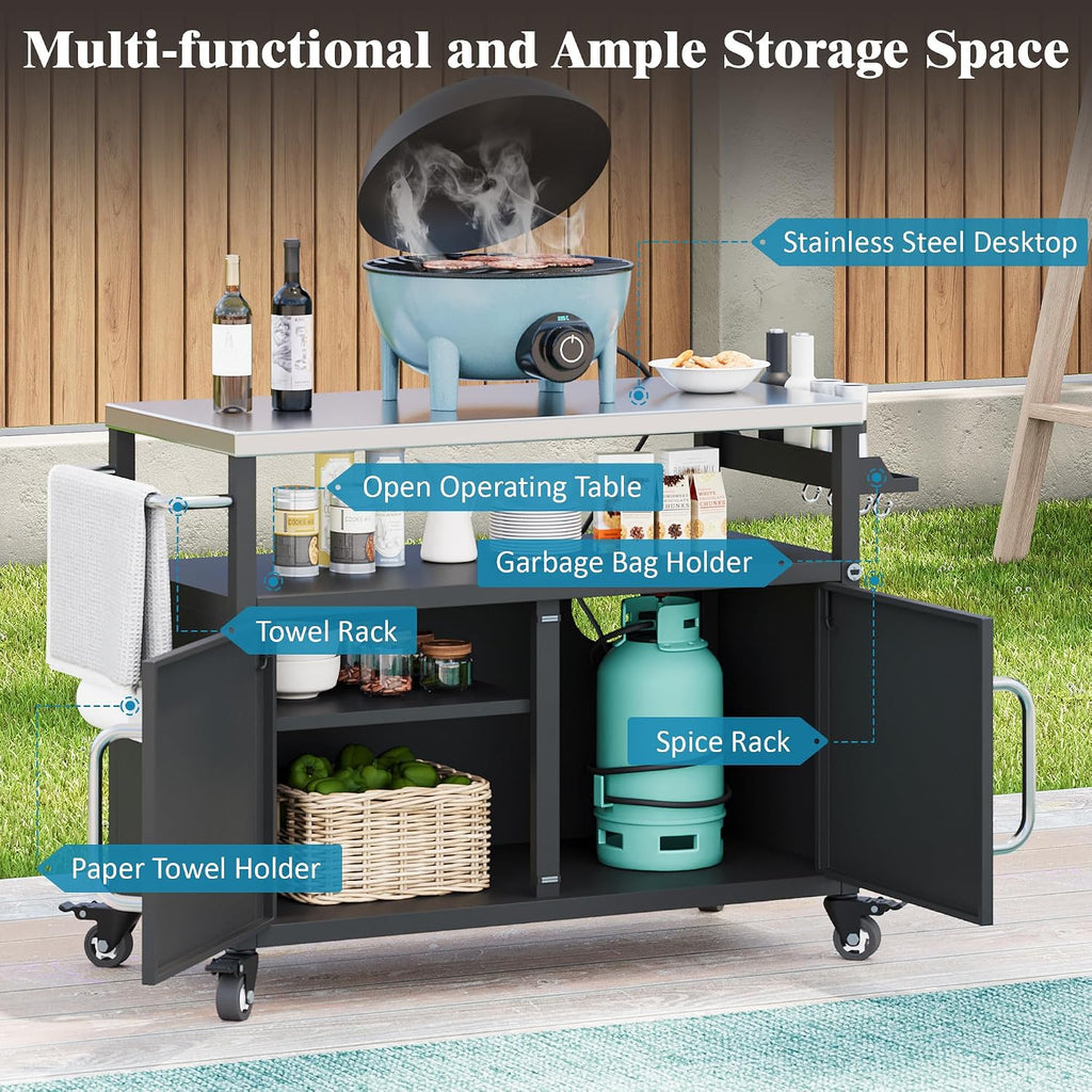 Merax 54.5' Outdoor Kitchen Island with Stainless Steel Tabletop, Metal Grill Cart Table with Storage Cabinet, Spice Rack and Towel Rack, Outdoor Bar Cart with 4 Lockable Wheels for BBQ, Black