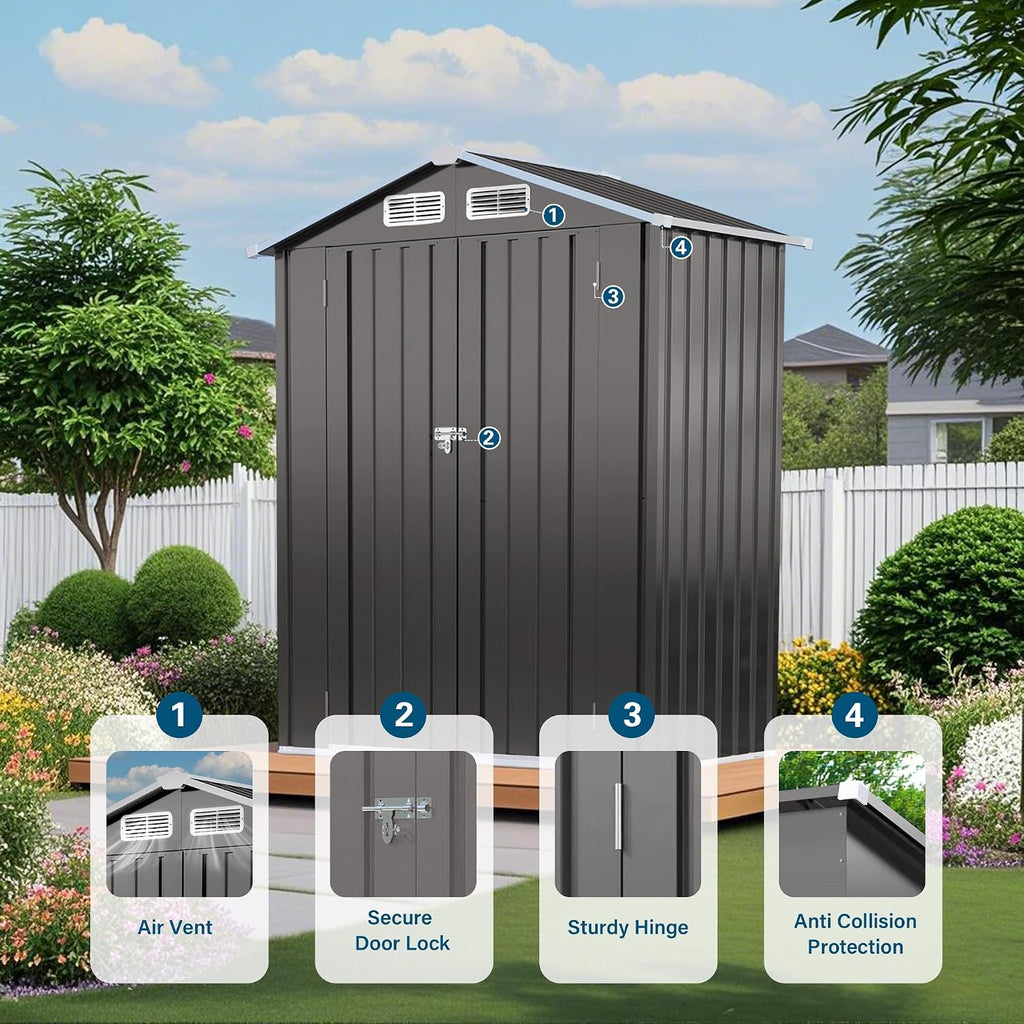 CHUNLY 5X3 FT Metal Outdoor Storage Shed, All Weather Tool Shed Storage Room with Peaked Roof Waterproof, Lockable Door for Garden Patio Backyard Lawn, Gary