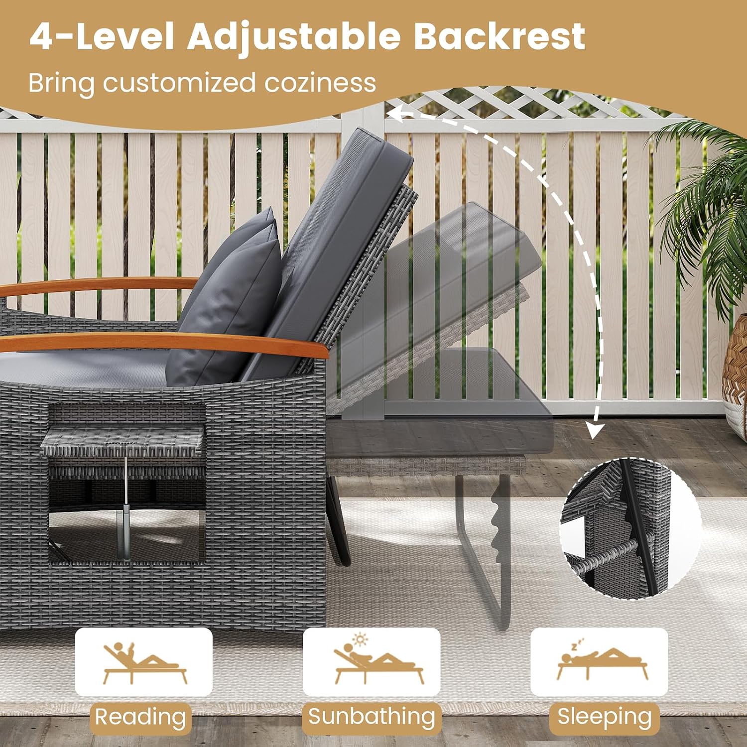 Tangkula Patio Rattan Daybed with 4-Level Adjustable Backrest, Outdoor Wicker Loveseat with Acacia Wood Armrest, Storage Ottoman & Folding Tray, Double Sunbed for Balcony, Backyard & Poolside (Grey)