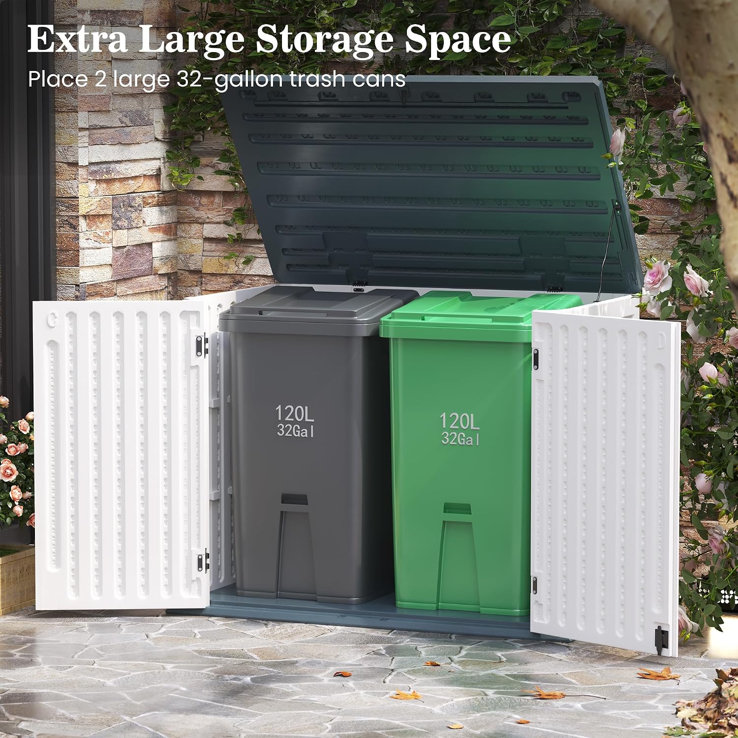 Amopatio Premium Resin 35 Cu Ft Outdoor Storage Shed, Horizontal Resin Trash Can Storage, Weather Resistance Outdoor Cabinet W/Lock Shed for Garbage Cans, Garden Tools, Lawn Mowers,Patio,White