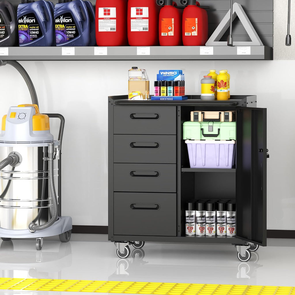 Metal Storage Cabinet with Wheels, Garage Storage Cabinet with 1 Door and 4 Drawer, Rolling Tool Cabinet, Assembly Required, Black