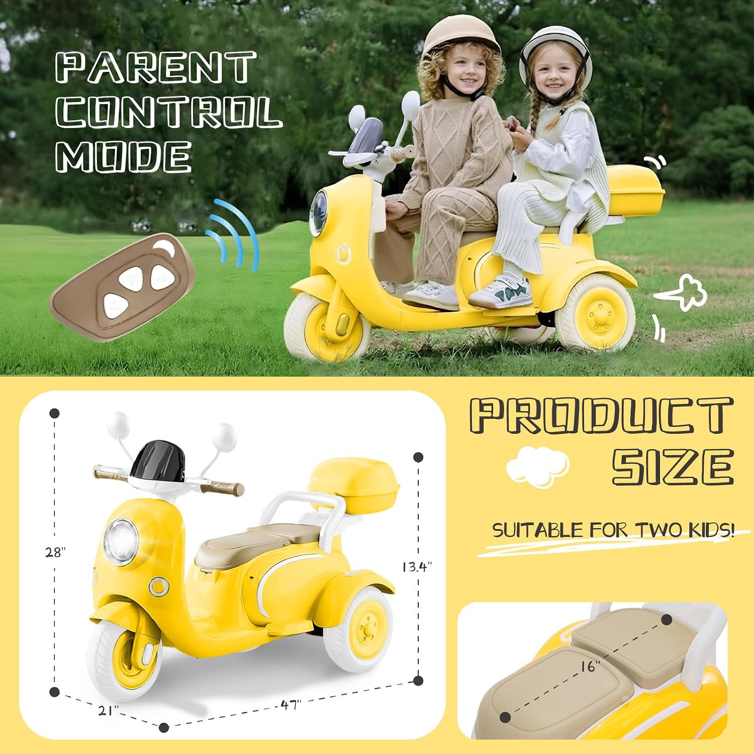 HEIMILI 12V 2-Seater Ride on Motorcycle for Kids, 3 Wheel Electric Motorbike with Dual 25W Motors, Toddler Moped Scooter with Bluetooth Music, Battery Powered Toy for Girls Boys 3-6 Years, Yellow