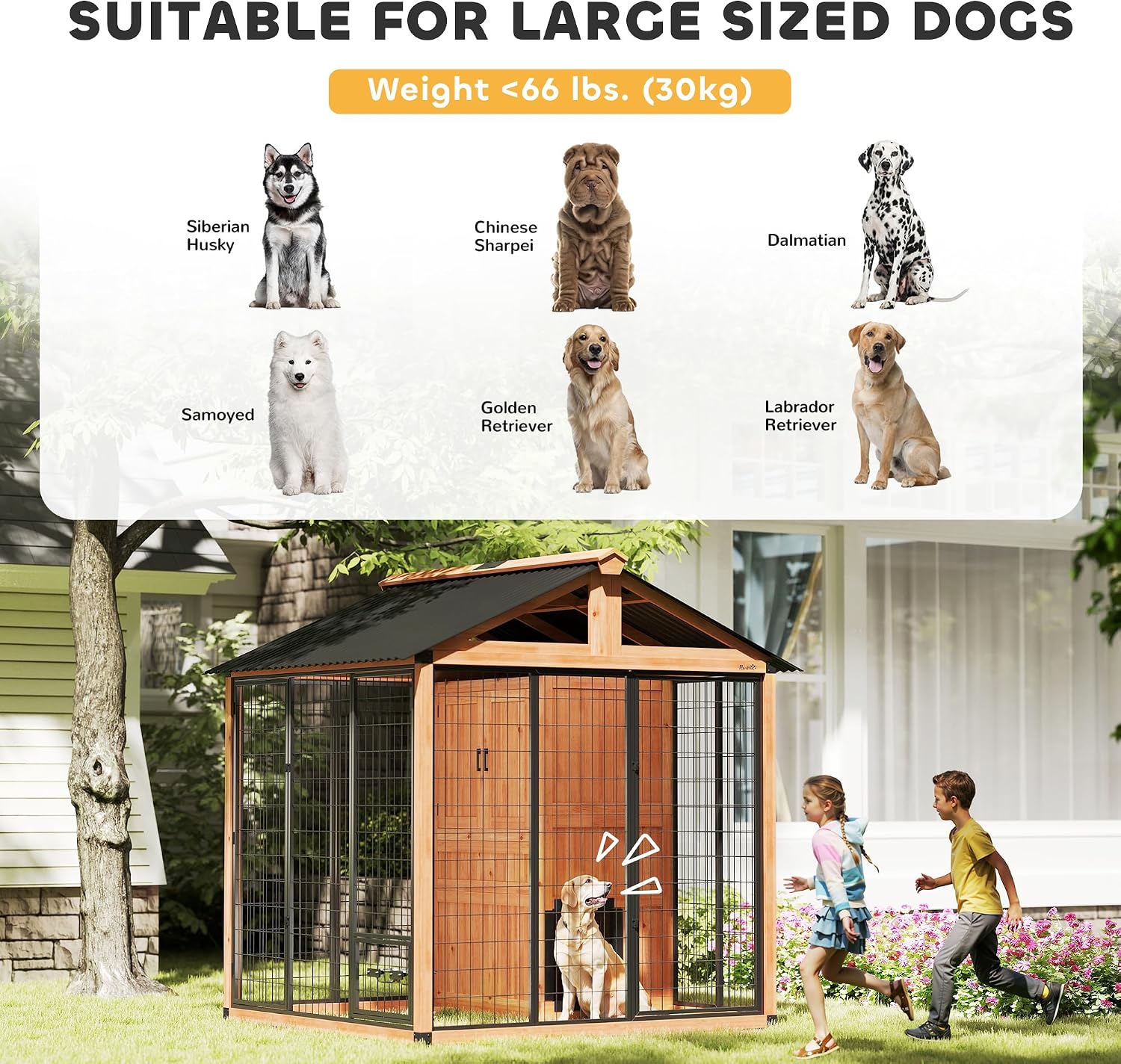 PawHut 7' x 6' Extra Large Outdoor Dog Kennel, Walk-in Wood Dog House with Internal Storage Cabinet, Pet Shelter with Waterproof Roof, Stainless Steel Bowls, Feeding Door for Large Breeds, Yellow