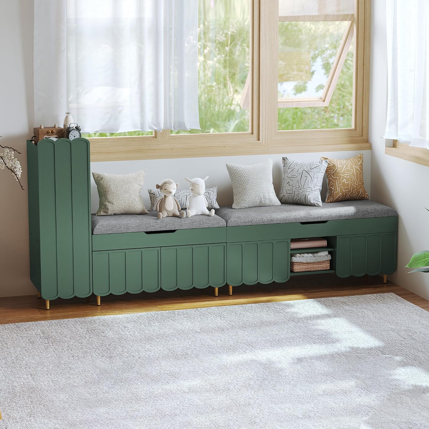 3More 40' Entryway Shoe Storage Bench,Upholstered Hidden Space Beneath Seat Cushion Bench,2-Tier Unique Geometric Shape with Wood Grain,Green
