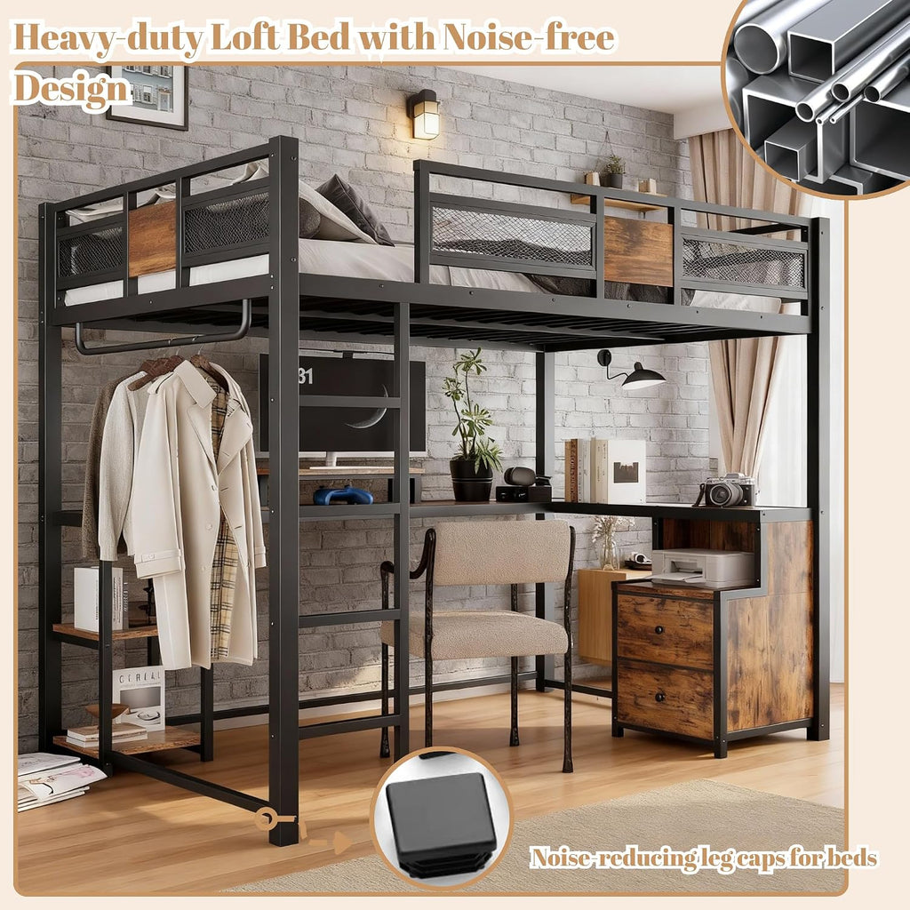 Bellemave Full Loft Bed with Storage Drawers and L-Shaped Desk, Metal Loft Bed Frame with Computer Monitor Stand, Hang Rod, and Multi-Function Shelves, Loftbed with Noise-Free Design, Black