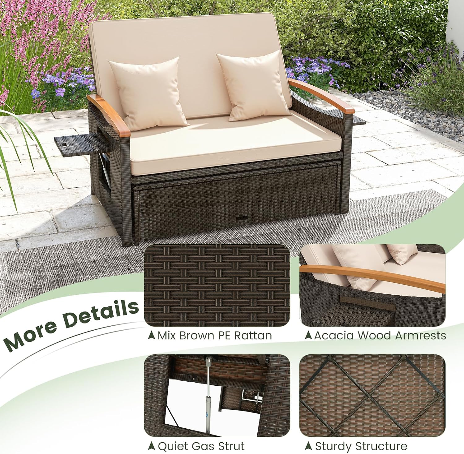 Tangkula Patio Rattan Daybed with 4-Level Adjustable Backrest, Outdoor Wicker Loveseat with Acacia Wood Armrest, Storage Ottoman & Folding Tray, Double Sunbed Lounger for Balcony, Backyard & Poolside