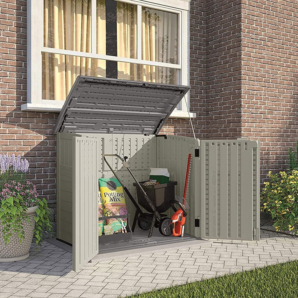 Suncast BMS2500 53 x 31.5 x 45.5 Inch Horizontal Resin Outdoor Storage Shed Bundled with 2 Pack BMSBSKT2PK 25 x 7.25 Inch Basket Accessory, Black