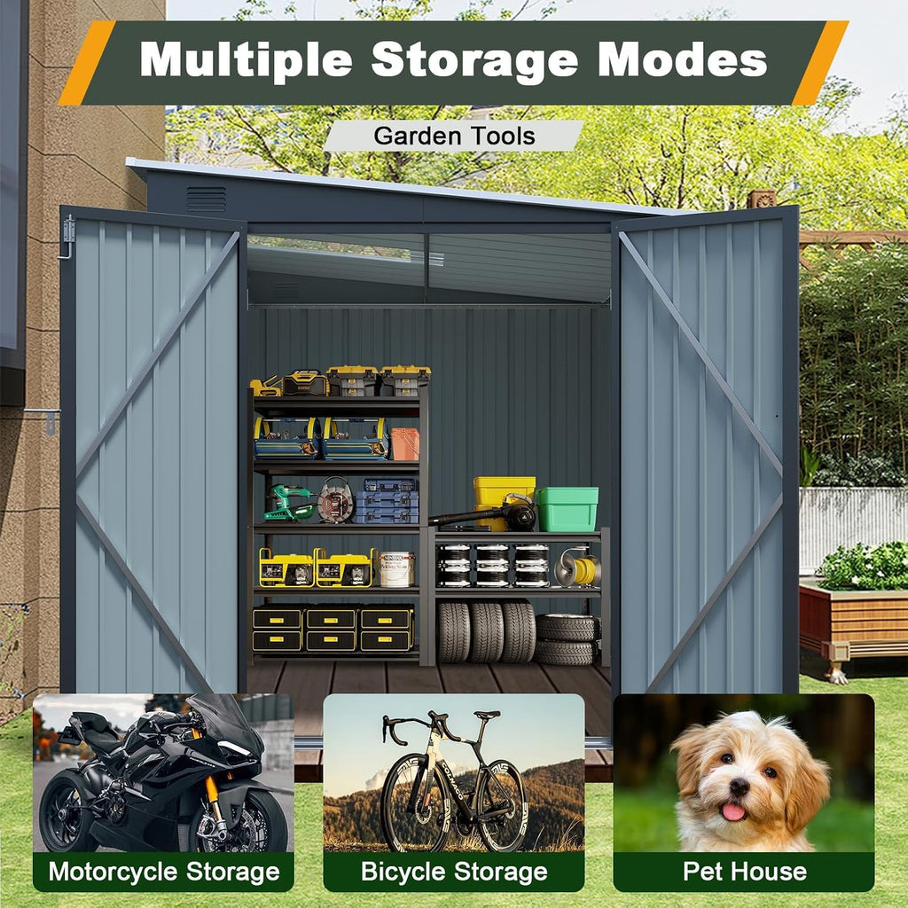 6x8 FT Metal Shed with Skylight, Lean to Garden Shed with Lockable Double Doors for Garden Tools, Lawn Mower, Motorcycle, Outside Storage Shed Waterproof for Backyard, Patio