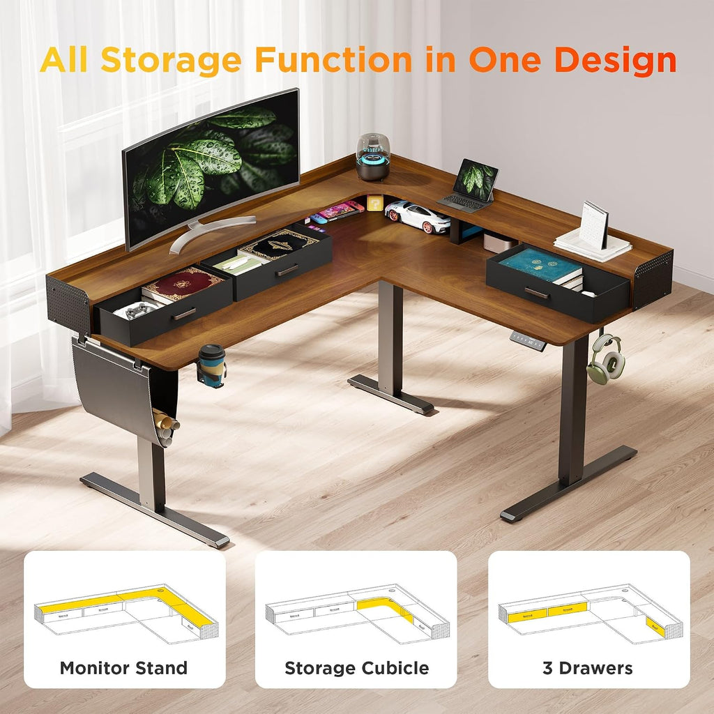 WALKINGDESK 63 Inches Height Adjustable L Shaped Standing Desk with 3 Drawers and Monitor Shelf, Electric Sit to Stand Home Office Comupter Table, Ergonomic Corner Gaming Desk, Black Walnut