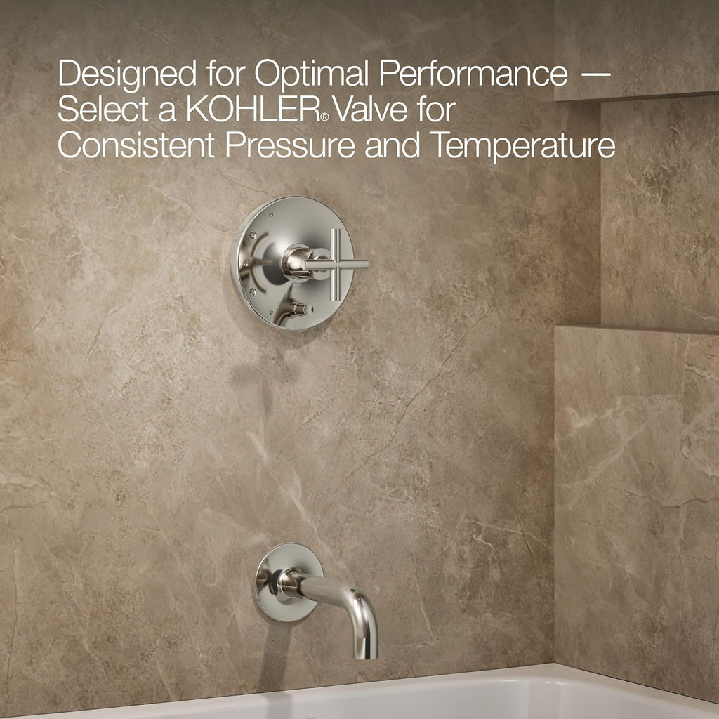 KOHLER K-T14421-3-SN Purist Rite-Temp Pressure-Balancing Bath and Shower Faucet Trim with Push-Button Diverter, 7-3/4' Spout and Cross Handle, Valve Not Included, Vibrant Polished Nickel