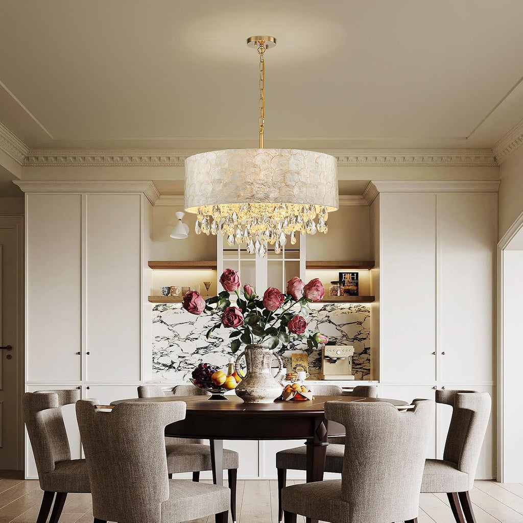 LumFurn X-Large D24in Drum Capiz Shell Crystal Chandeliers, 6-Light Coastal Style Light Fixture for Dining Room, Living Room, D24xH23~71in(Adjustable), K9 Crystal, Shell Lampshade & Gold Finish