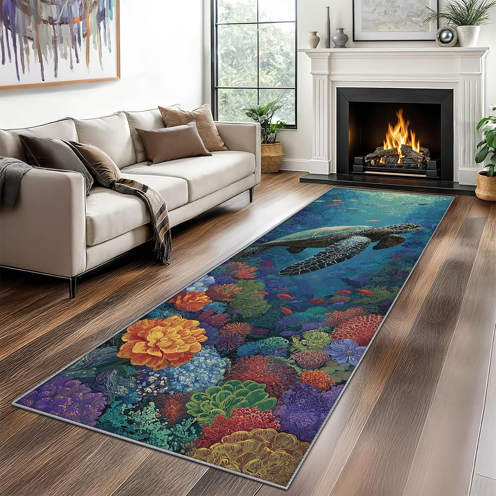 Sea Turtle Rug Runner 4x10 - Washable Non Slip Runner Rug for Hallway - Fish Coral Underwater Kitchen Rugs - Coastal Ocean Animal Carpet Runners for Hallway, Laundry Room, Bedroom, Bathroom