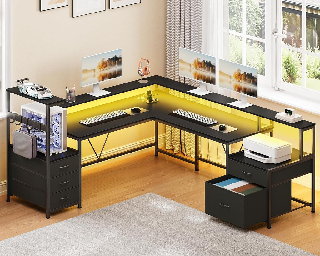 L Shaped Desk with Drawers & Storage Shelf, Corner Computer Desk with Printer Stand & Power Outlet, Gaming Desk Home Office Desk with Led Lights & Monitor Stand, Black