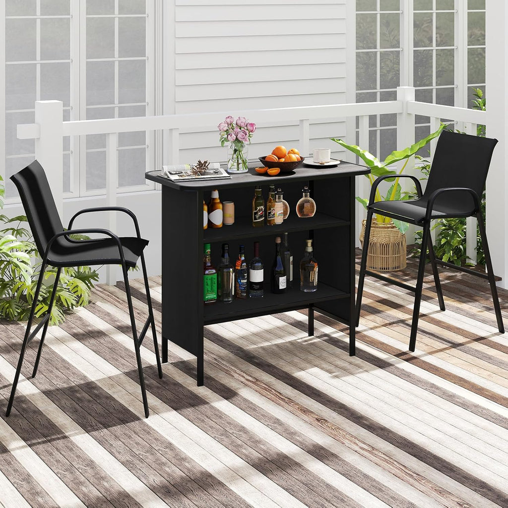 Tangkula 3 Piece Outdoor Bar Set, Patio Bar Height Table & Armchairs with Footrest, Wood Plastic Tabletop & 2-Tier Shelf, Heavy-Duty Metal Barstools & Table Furniture for Backyard, Poolside (Black)