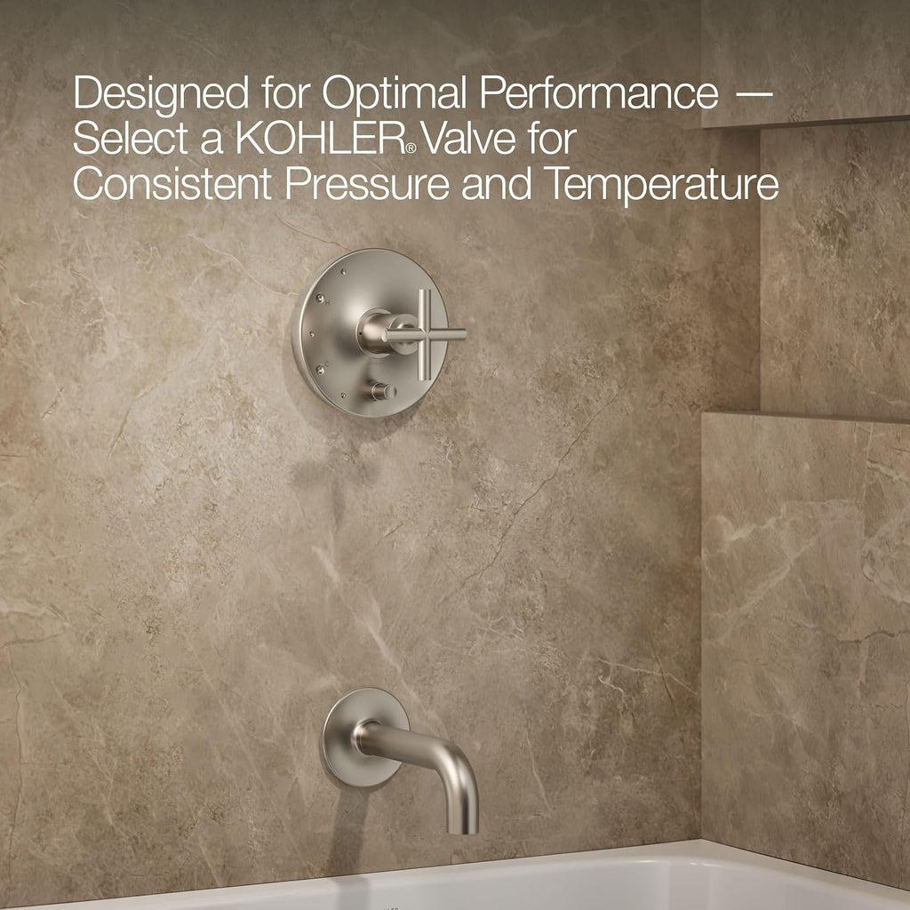 KOHLER Purist® Rite-Temp® pressure-balancing bath and shower faucet trim with push-button diverter, 7-3/4' spout and cross handle, valve not included