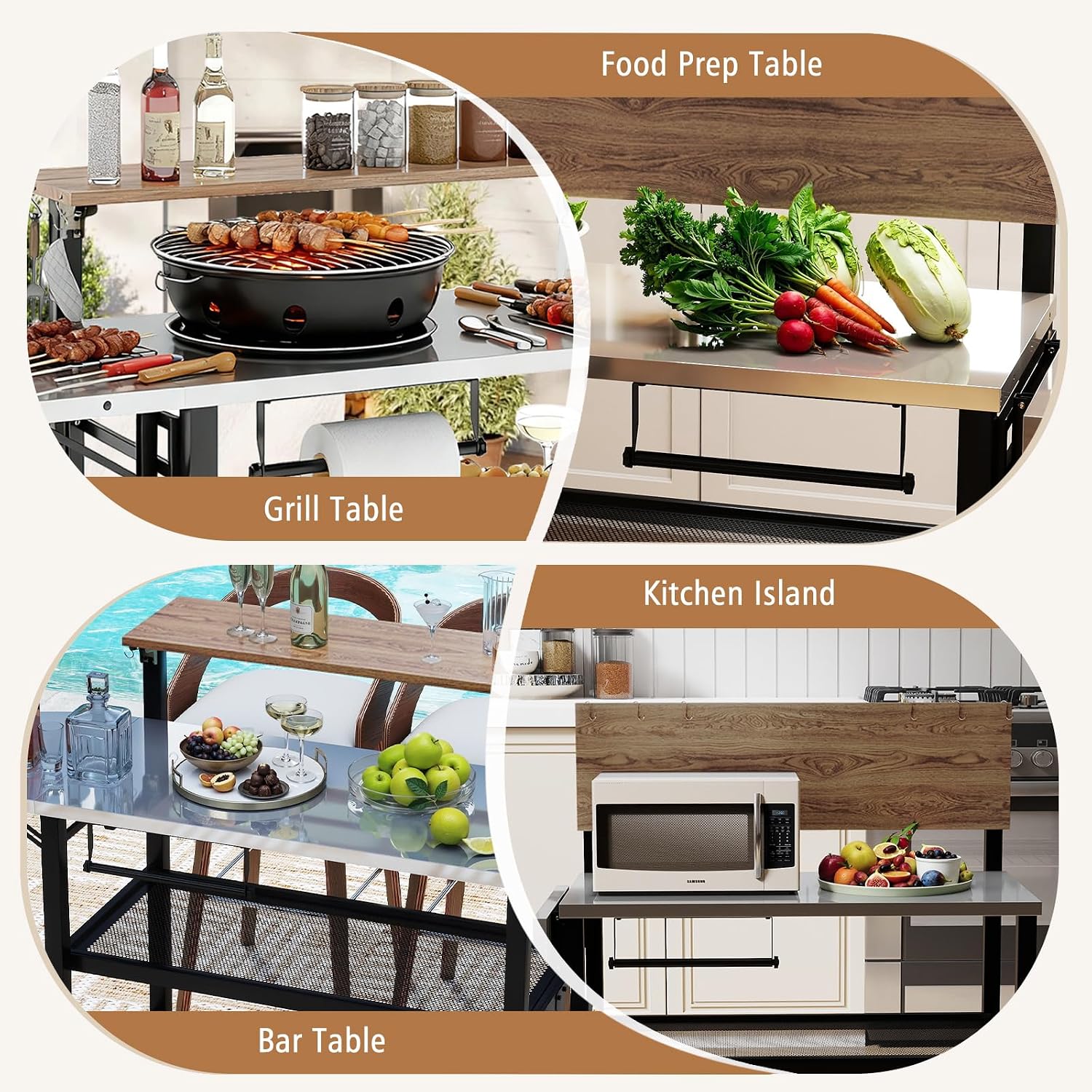 Giantex Outdoor Bar Table with Flip-Up Top & Foldable Side Table, 4-Tier Grill Stand with Storage Shelves, Hooks, Paper Towel Holder, Patio Kitchen Island Food Prep Cooking Station