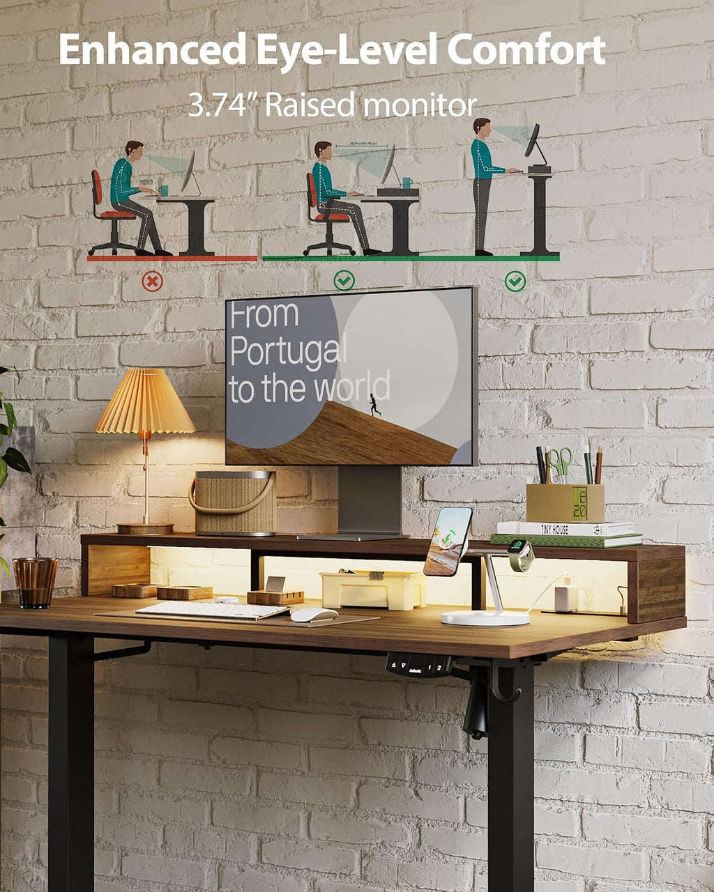 Agilestic 48x24 Inch Electric Standing Desk with Shelf, Height Adjustable Desk with Power Outlets & LED, Sit Stand Up Table with Monitor Stand, Computer Workstation, Dark Walnut