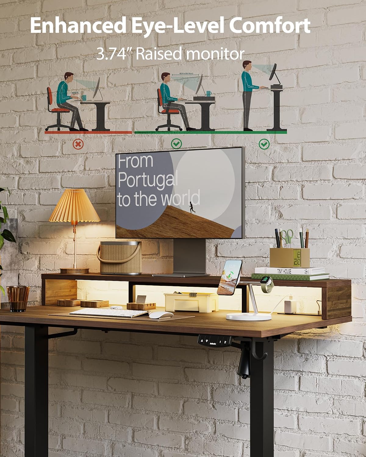 Agilestic 48x24 Inch Electric Standing Desk with Shelf, Height Adjustable Desk with Power Outlets & LED, Sit Stand Up Table with Monitor Stand, Computer Workstation, Dark Walnut