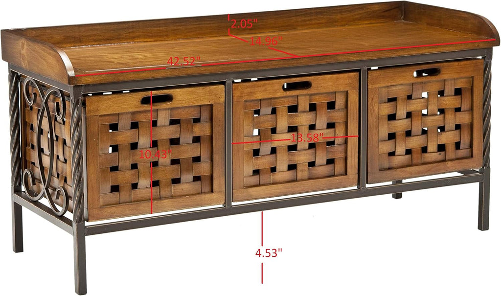 SAFAVIEH Home Collection – Isaac Oak Wooden Storage Bench with Drawers, Entryway & Mudroom Seating, Iron Frame Design, Fully Assembled (AMH6530A)