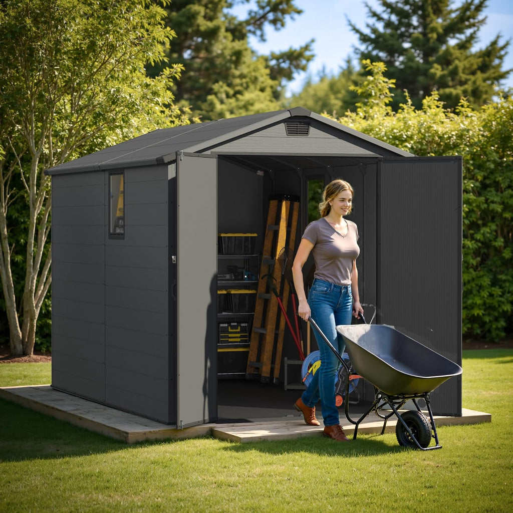 Greesum 6x10FT Plastic Storage Shed with Floor, Resin Outdoor Storaged Sheds with Lockable Double Door, Window and Vents, All-Weather Tool Sheds for Garden, Backyard, Patio, Dark Gray