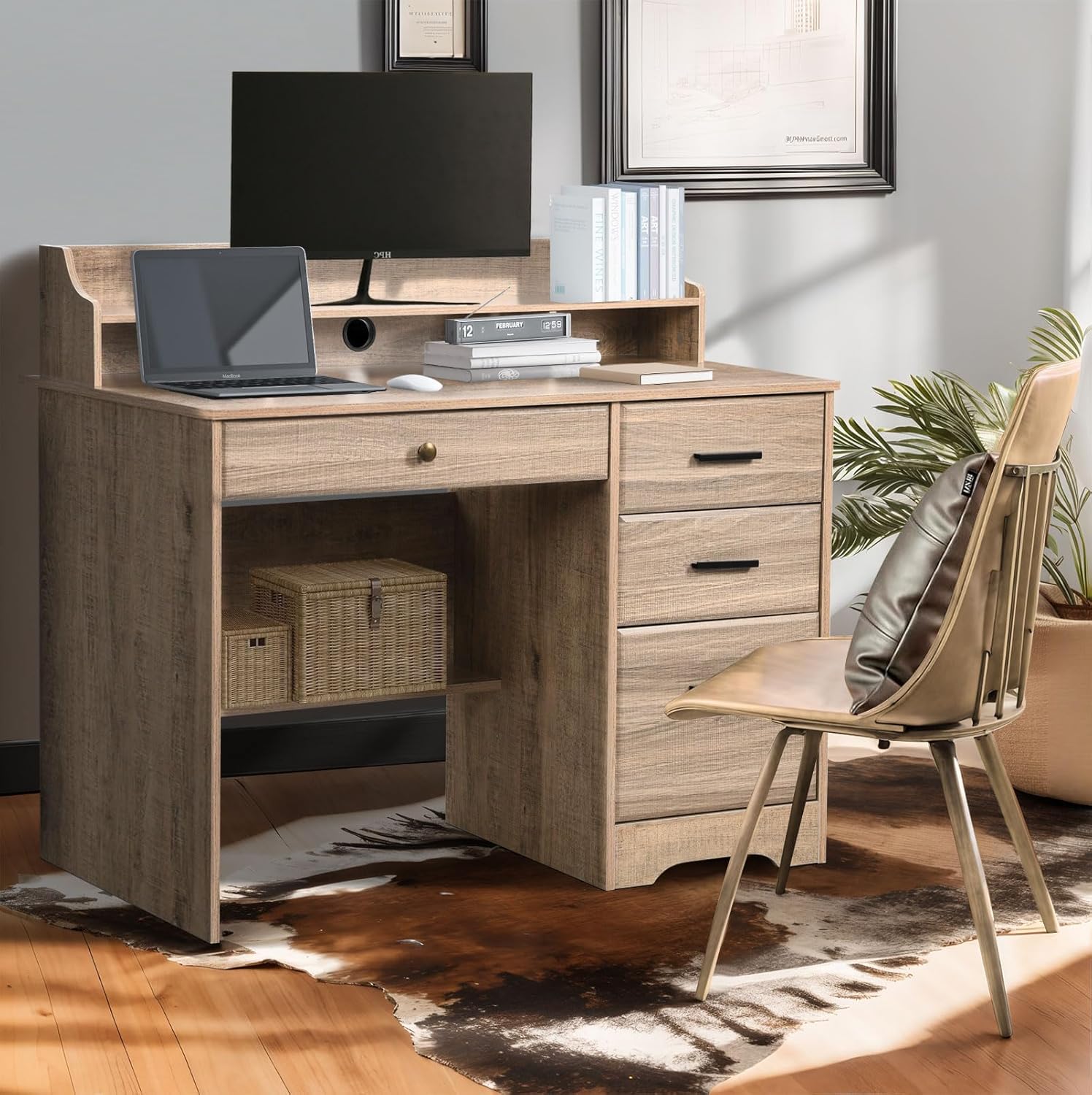 Catrimown Computer Desk with 4 Drawers and Hutch, Wood Executive Desks with File Drawer and Shelves, Small Desk Study Table for Bedroom, Student Teen Writing Laptop Table, Grey