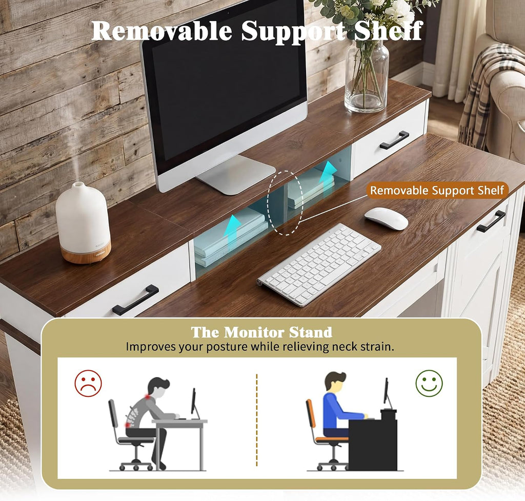RiteSune 55' Farmhouse Computer Desk with Power Outlets, Removable Monitor Stand with Drawers, Keyboard Tray & Storage Cabinet, Home Office Writing Desk with Pegboard Organizer