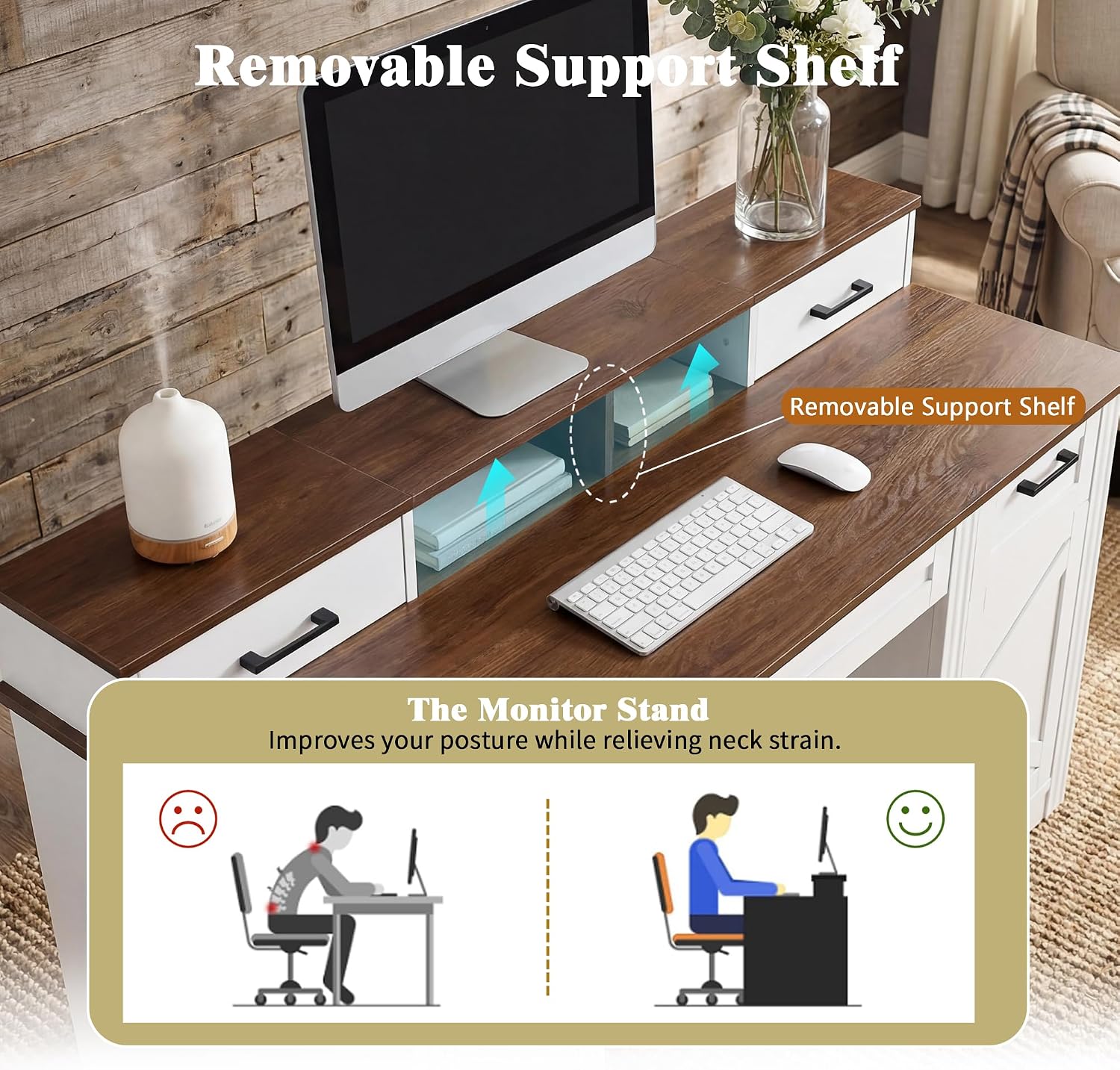 RiteSune 55' Farmhouse Computer Desk with Power Outlets, Removable Monitor Stand with Drawers, Keyboard Tray & Storage Cabinet, Home Office Writing Desk with Pegboard Organizer