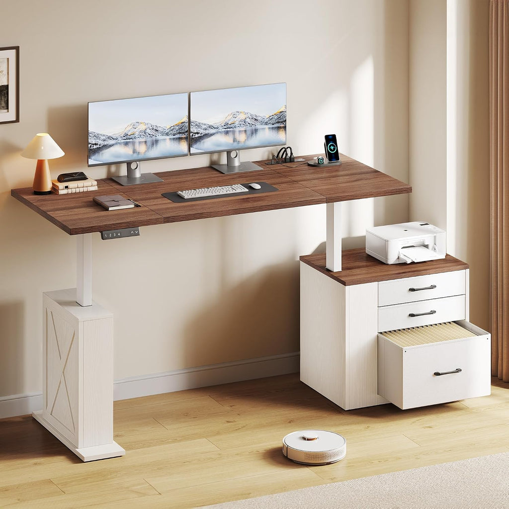 75.5 Inches Electric Standing Desk with Drawers Farmhouse Sit Stand Desk with Storage Adjustable Height Computer Desk with Power Outlets Printer Space for Home Office White and Walnut