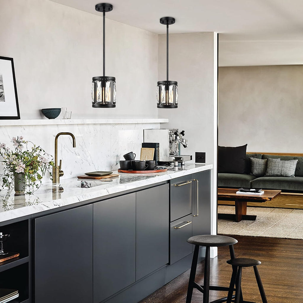 Crystal Pendant Lighting Fixture Matte Black Drum Shade Chandelier,3-Pack Pendant Lights for Kitchen Island Modern Ceiling Lights for Living Room