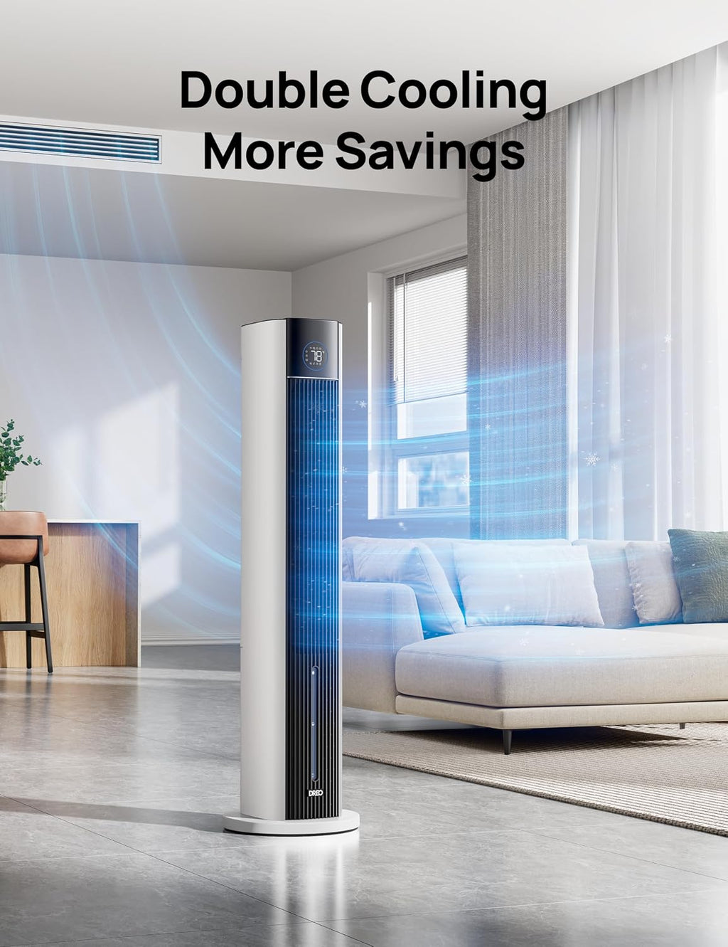 DREO Evaporative Air Swamp Cooler, 43' Cooling Fans that Blow Cold Air 2025 Upgraded, 85° Oscillating Floor Fan for Bedroom, Easy Cleaning, APP Control, Ice Packs, 4 Speeds & 4 Modes, 12H Timer, White
