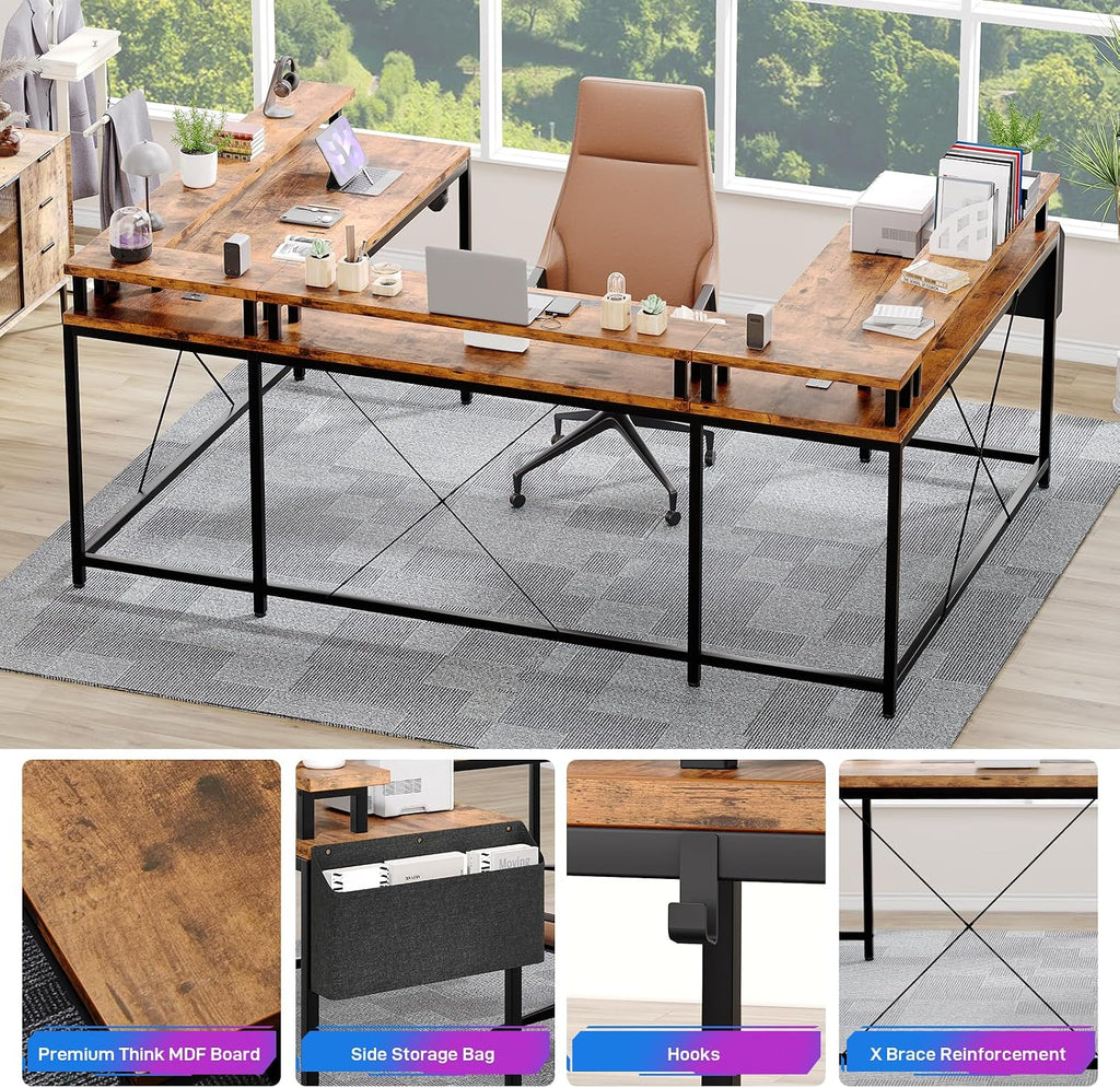 u Shaped Desk with Power Outlets & LED Lights, 79' Extra Large Reversible Corner Office Desk, Monitor Stand & Storage Shelves, Corner Computer Table Office Table with Full Monitor Stand