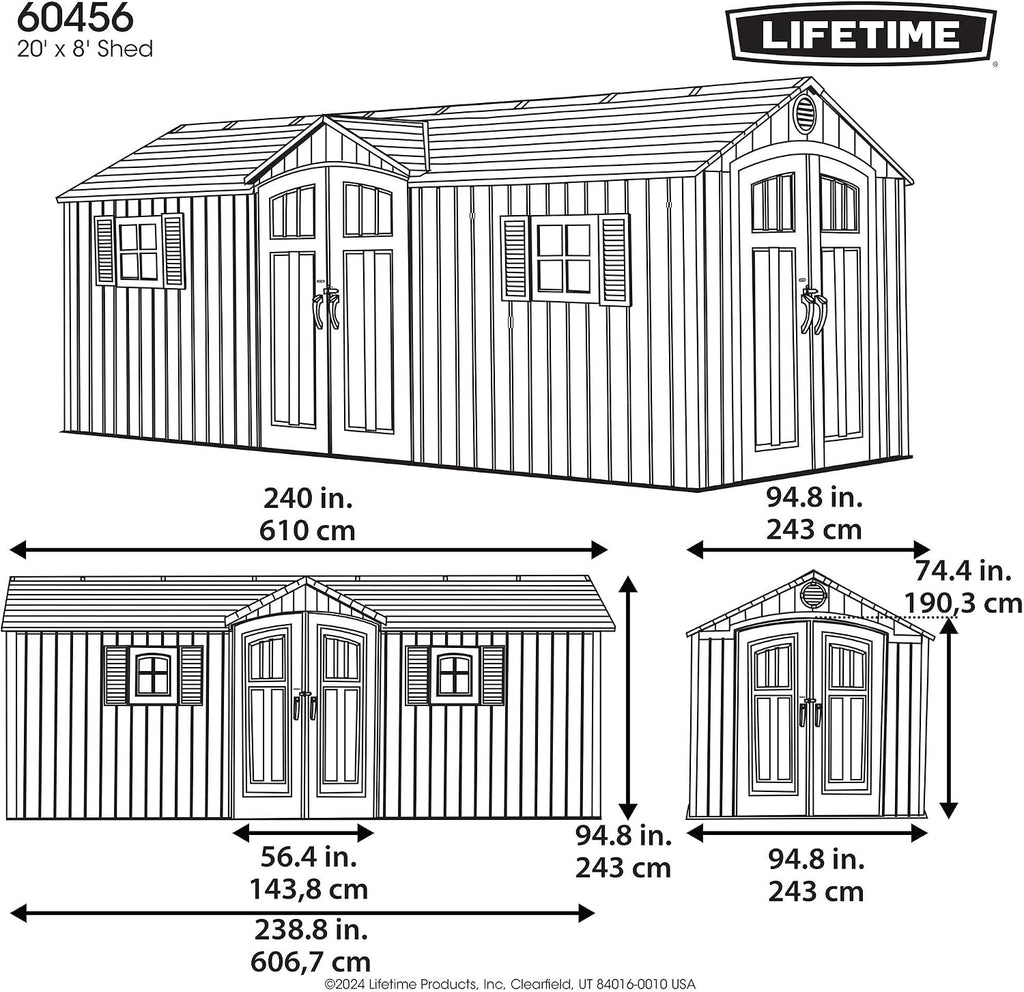 Lifetime 20x8 Ft Outdoor Storage Shed, Gray HDPE Construction, Steel-Reinforced Walls, Dual-Entry Design with Lockable Doors, Skylights, Adjustable Shelving System, Snow Load Kit Included