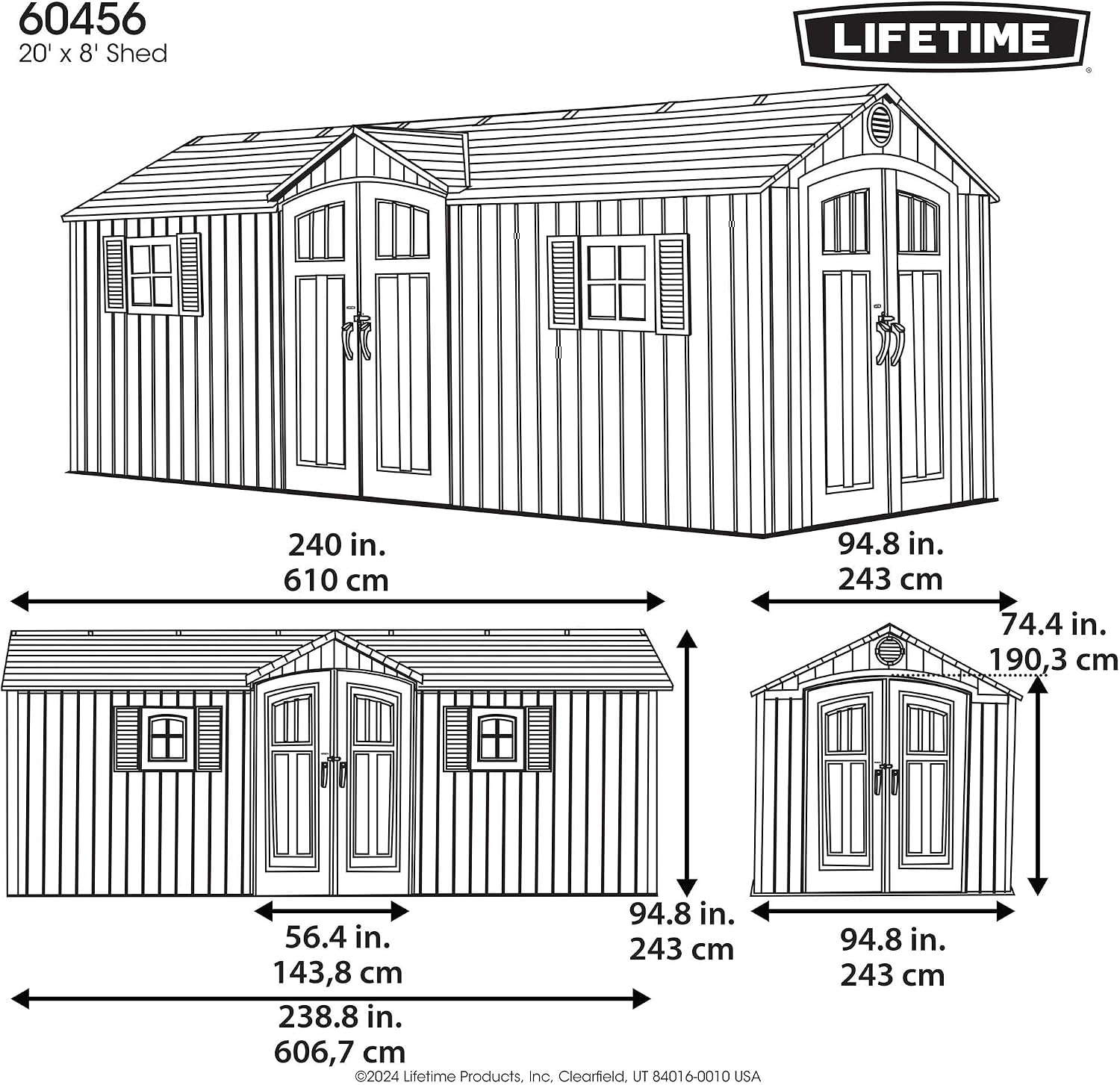 Lifetime 20x8 Ft Outdoor Storage Shed, Gray HDPE Construction, Steel-Reinforced Walls, Dual-Entry Design with Lockable Doors, Skylights, Adjustable Shelving System, Snow Load Kit Included