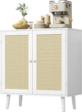 Huuger Buffet Cabinet with Storage, Storage Cabinet with PE Rattan Decor Doors, Solid Wood Feet, for Hallway, Entry, Living Room, White