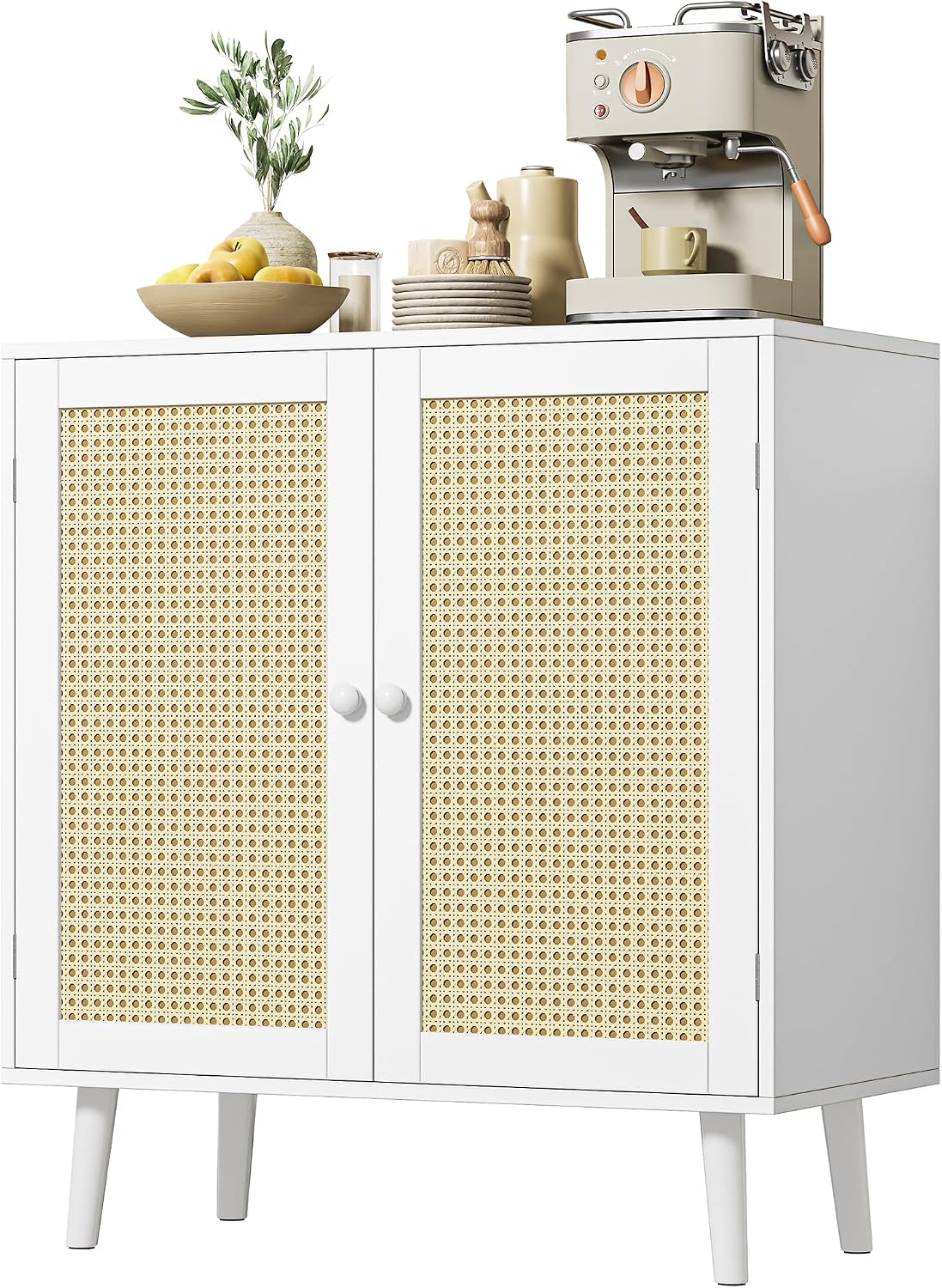 Huuger Buffet Cabinet with Storage, Storage Cabinet with PE Rattan Decor Doors, Solid Wood Feet, for Hallway, Entry, Living Room, White