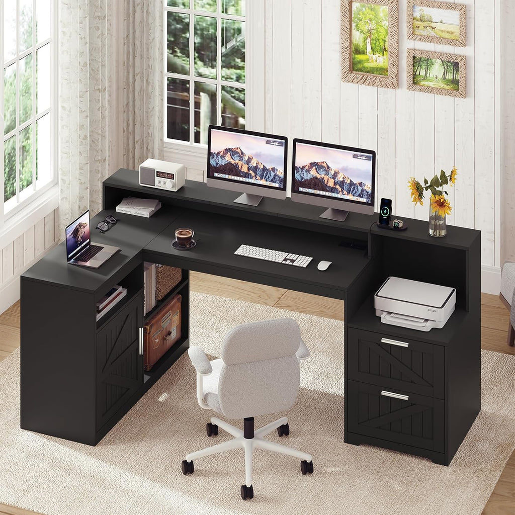 TVU Farmhouse L Shaped Desk with Drawers, 62.2' Home Office Desk with Storage Shelves and Power Outlet, L Shaped Computer Desk with Monitor Stand and Printer Shelf, Black