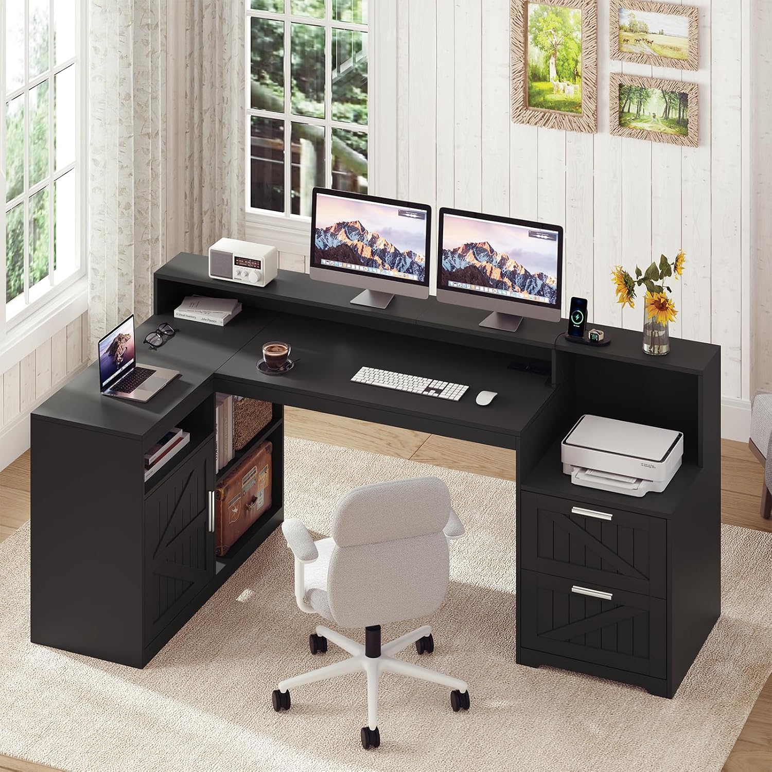 TVU Farmhouse L Shaped Desk with Drawers, 62.2' Home Office Desk with Storage Shelves and Power Outlet, L Shaped Computer Desk with Monitor Stand and Printer Shelf, Black