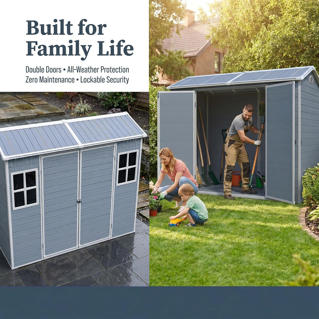 Resin Shed with Floor, Storage Shed with Floor, 8x4FT Outdoor Shed with 2 Windows and Lockable Door Sheds for Garden Tools, Bike