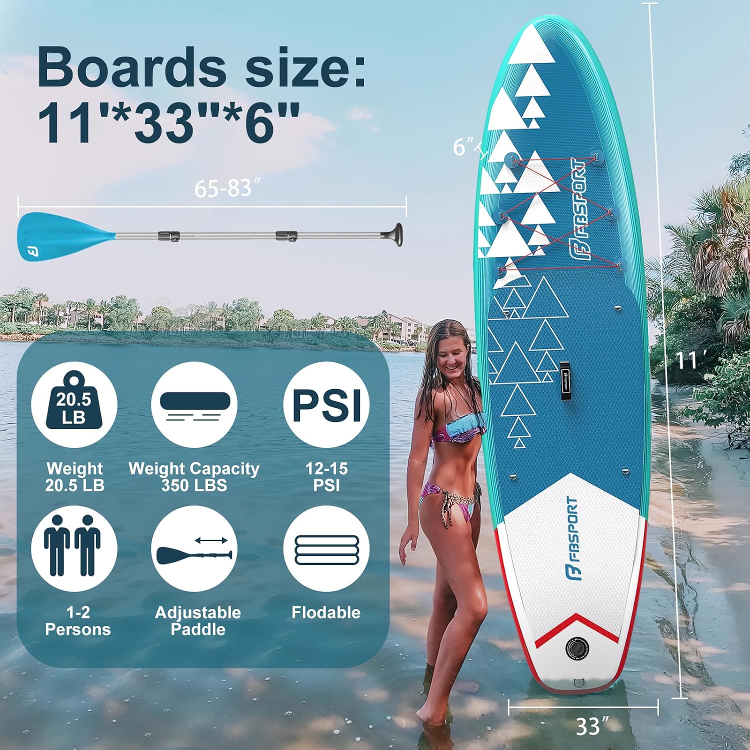 FBSPORT 11' Premium Stand Up Paddle Board, Yoga Board with SUP Accessories & Carry Bag | Wide Stance, Surf Control, Non-Slip Deck, Leash, Paddle and Pump for Youth & Adult