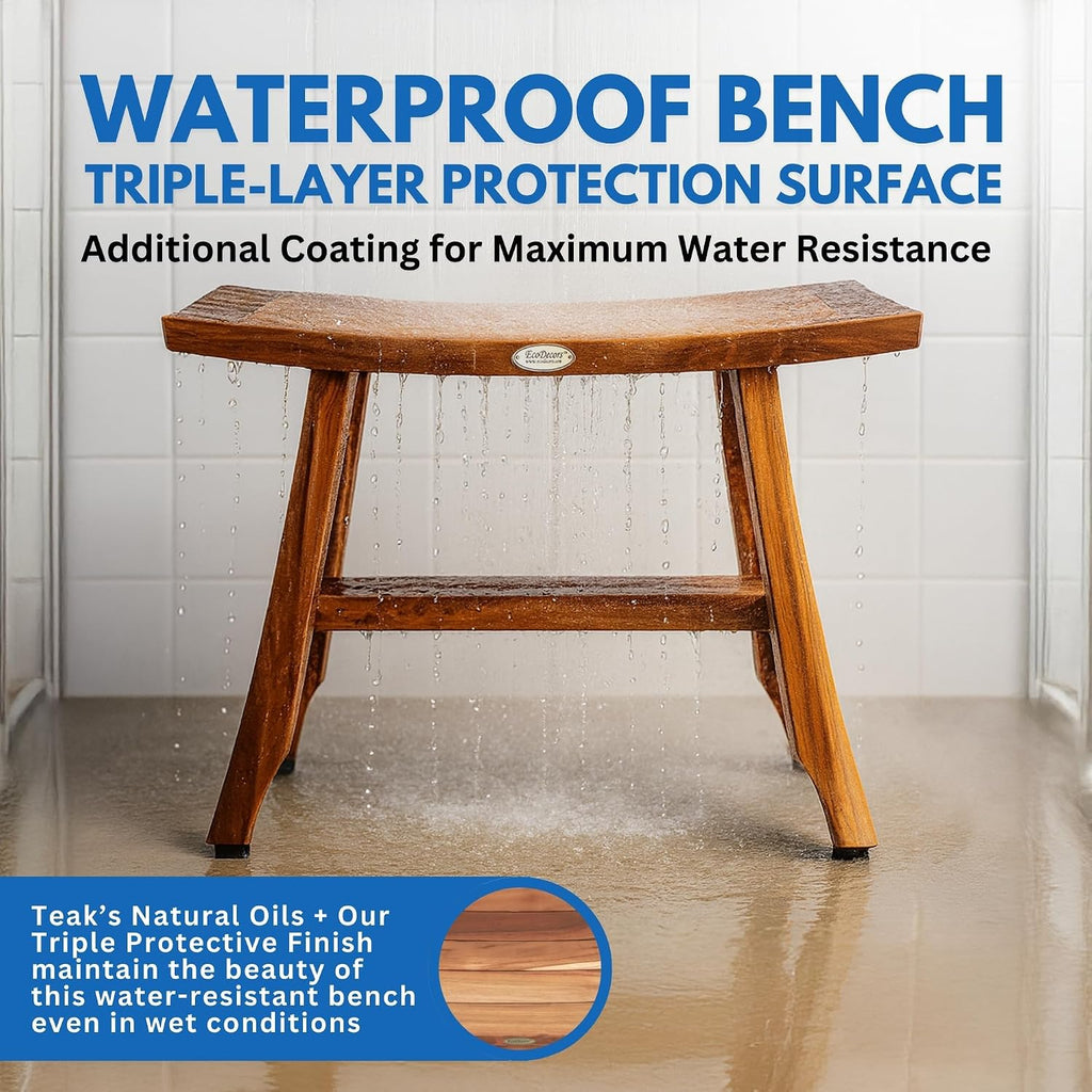 EcoDecors 24 Inch Satori Natural Teak Waterproof Teak Wood Shower Bench Stool Seat Chair for Inside Shower Provides Safety, Storage, and Organization for Bathroom Accessories