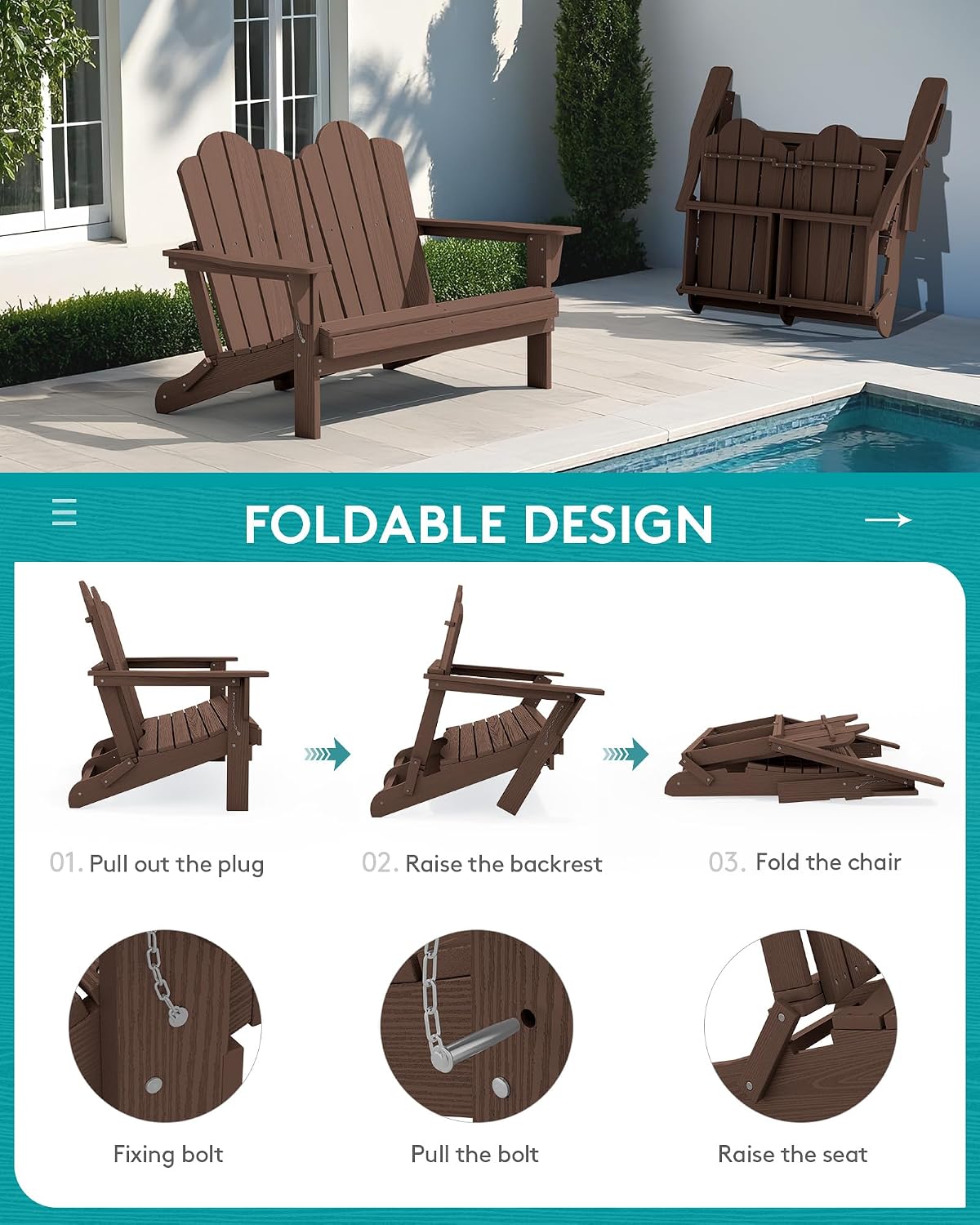 SERWALL 4 Pieces HDPE Patio Adirondack Chair Set, 2 Adirondack Chair with Cup Holder & 1 Adirondack Bench & 1 Coffee Table with Umbrella Hole, Coffee