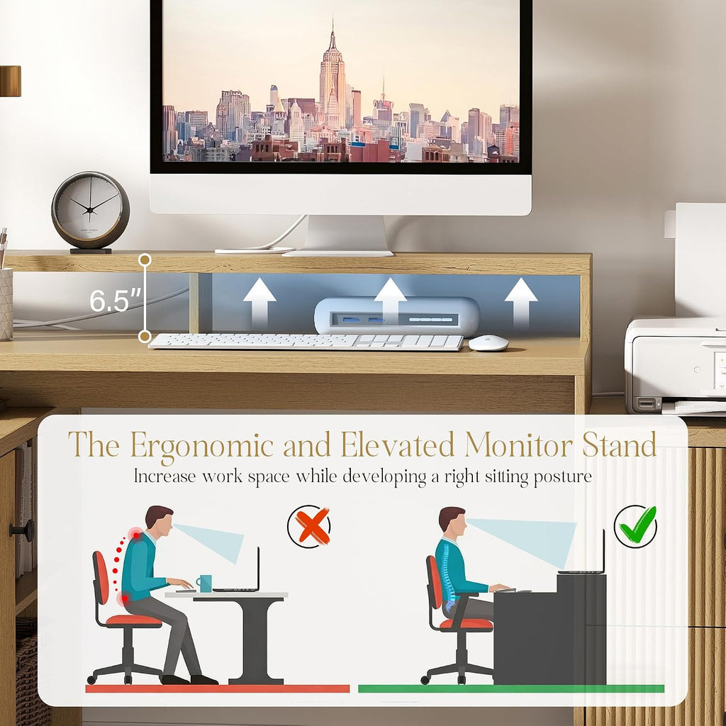 67' L Shaped Executive Desk with Drawers & Storage Shelf, Corner Computer Desk with Power Outlets, Home Office Desk with Monitor Stand, Printer Shelf, Computer Writing Desk for Work, Oak