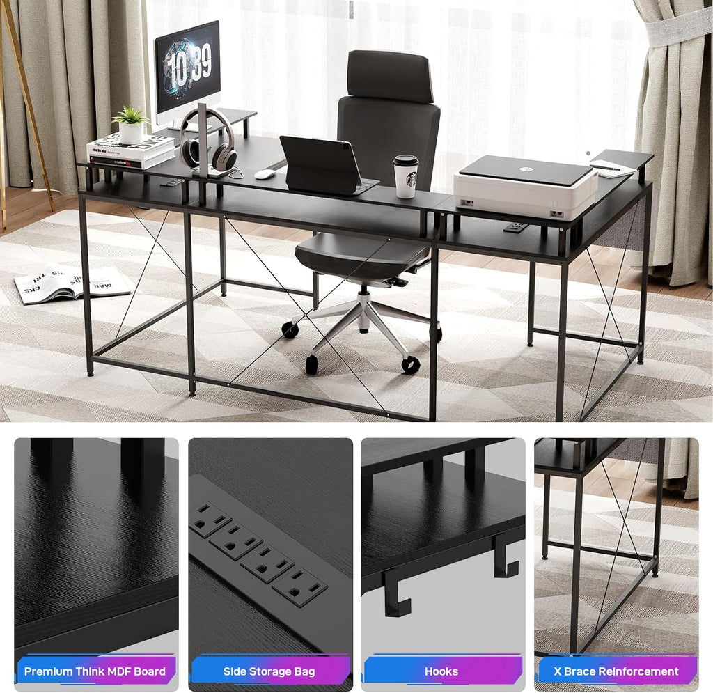 u Shaped Desk with Power Outlets & LED Lights, 79' Extra Large Reversible Corner Office Desk, Monitor Stand & Storage Shelves, Corner Computer Table Office Table with Full Monitor Stand
