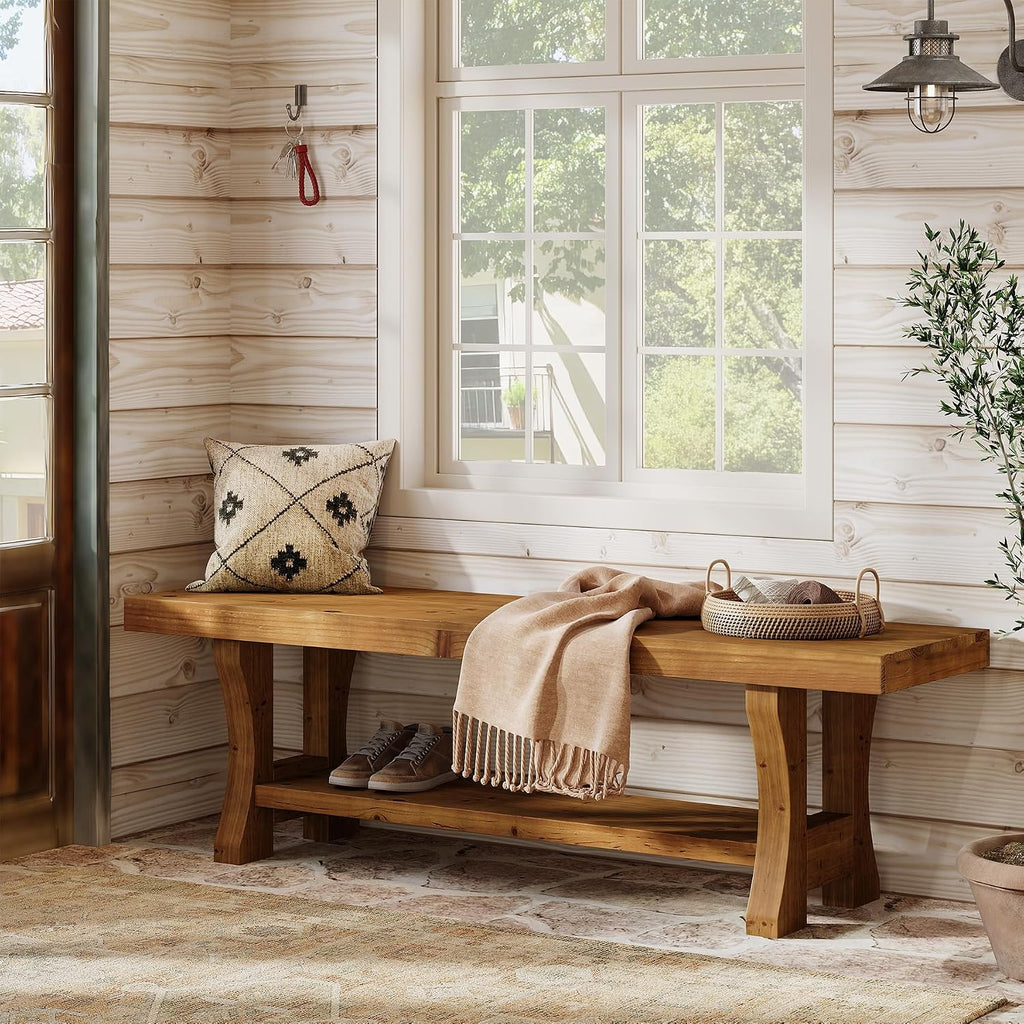 Solid Wood Entryway Bench, 55' End of Bed Bench, Long Indoor Dining Seat for Hallway, Bedroom, Living Room, Dining Room, Easy Assembly, Brown