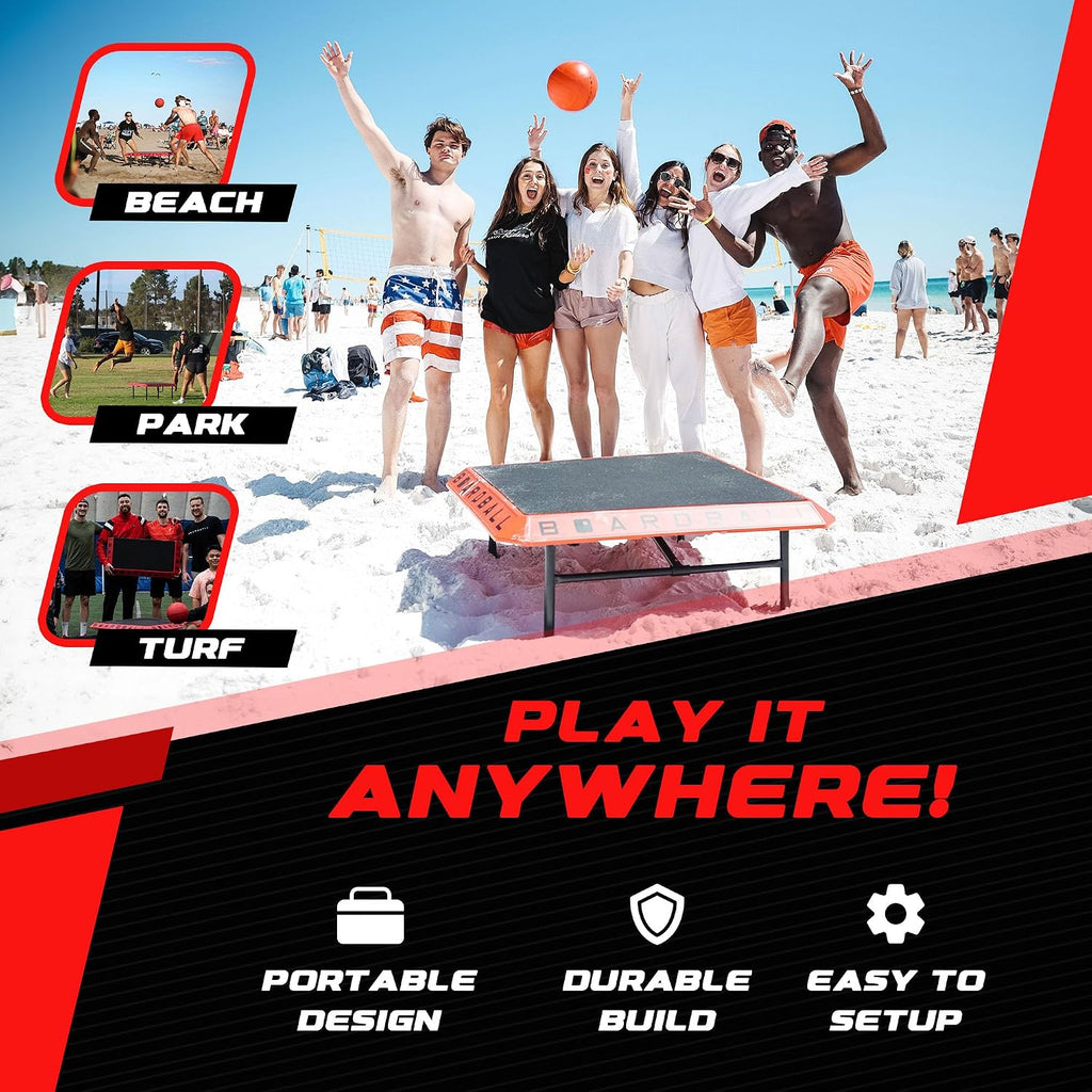 Boardball Sport Portable Volleyball Board Game Set, Indoor & Outdoor Play with Rubber Top Surface Board, Full-Size Ball and Hand Pump, Red/Black