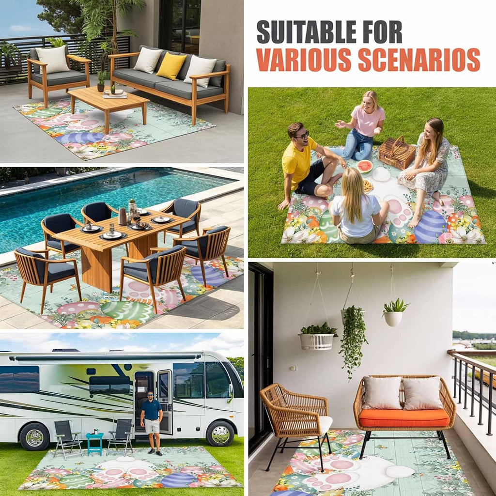 Cute Easter Bunny Outdoor Rug for Patio/Deck/Porch, Non-Slip Large Area Rug 6 x 9 Ft, Eucalyptus Leaves Colorful Eggs Teal Wooden Indoor Outdoor Rugs Washable Area Rugs, Camping Rug Carpet Runner